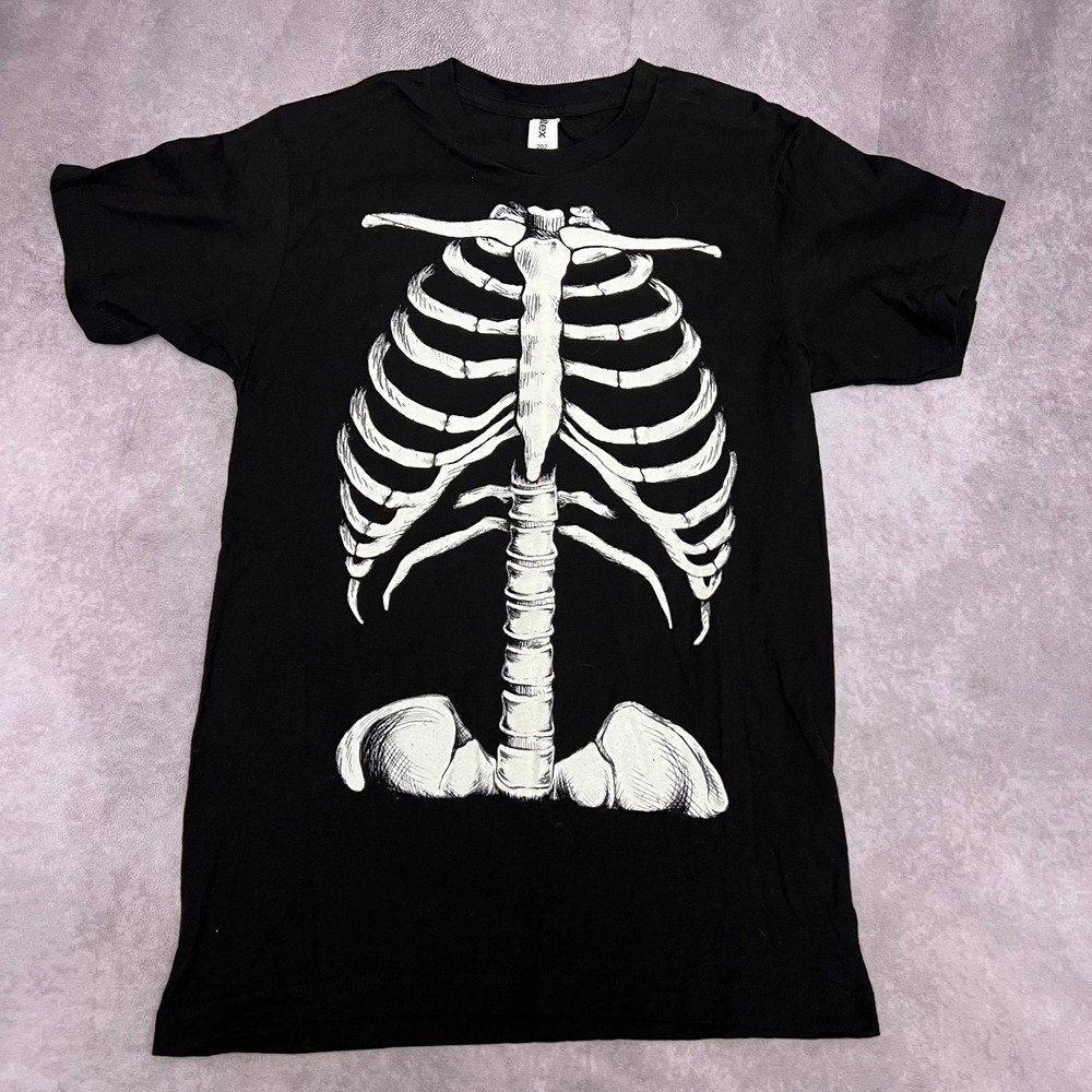 Tultex Skeleton Rib Cage Graphic T-Shirt Mens Small Black Excellent Short Sleeve